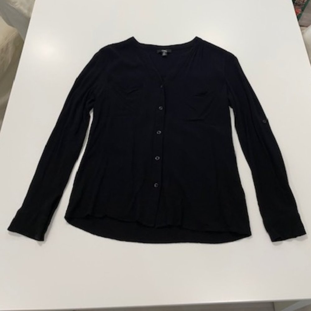 🔥CHIC by JACOB Black V-Neck Button Up Blouse ~Wear Full or 3/4 Sleeve Size Small